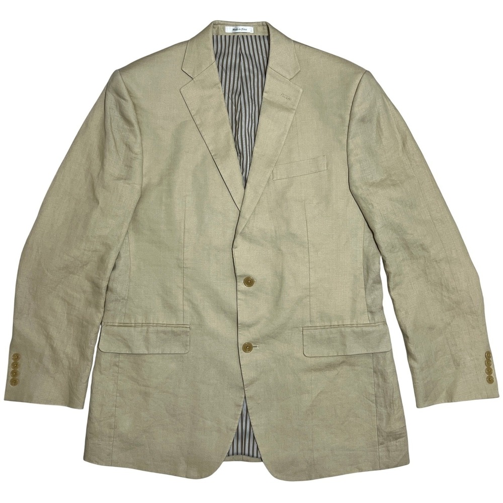 Calvin Klein Mens Linen Beige Blazer Jacket 40L Two Button Striped Lined